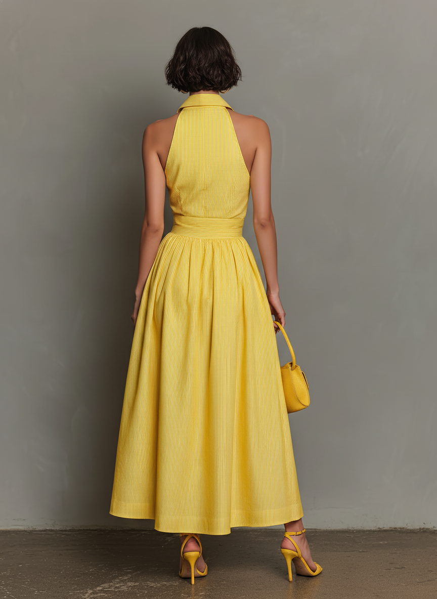 Women's Minimalist Striped Lapel Sleeveless Maxi Dress MDZ1099D5Y