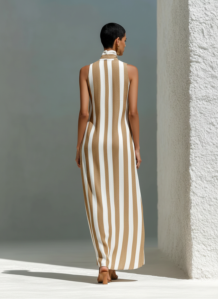 Women’s Camel & White Striped Sleeveless Stand Collar V-Neck Maxi Dress With Pockets MDZ2026D2T