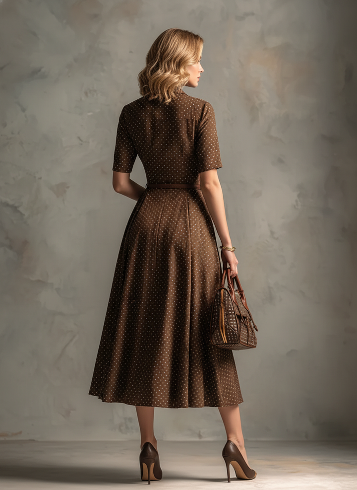 Women's Vintage Brown Cotton-Blend Polka Dot Waisted Shirt Midi Dress MDZ2138D3GMJ