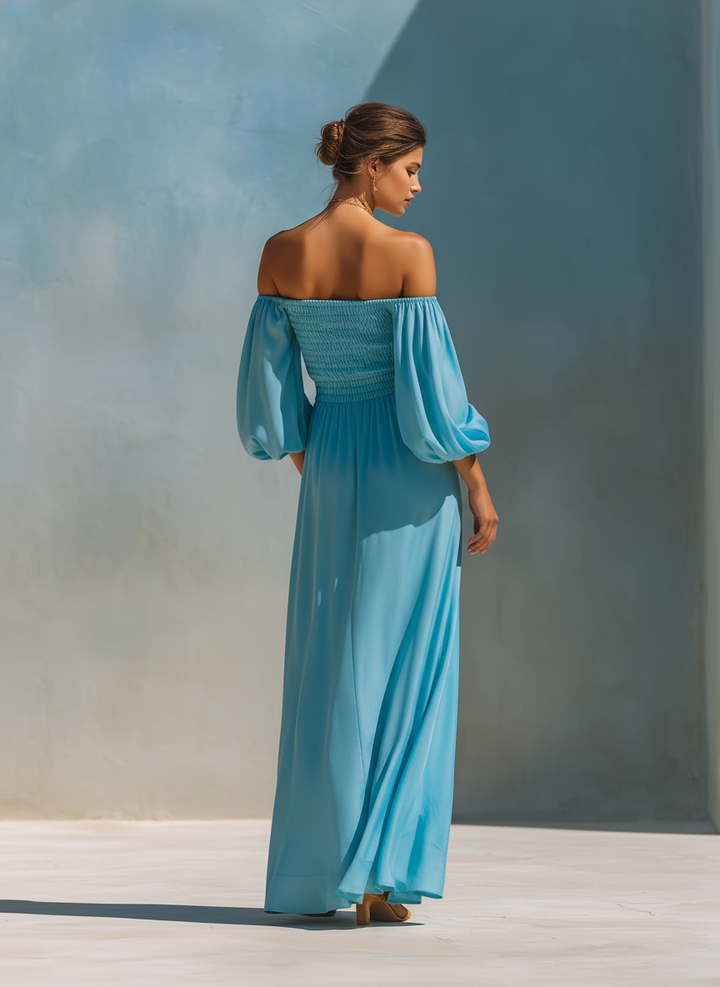 Women’s Sky Blue Off-the-Shoulder Puff Sleeve Smocked Waist High Slit Maxi Dress With Pockets MDZ2191D7T