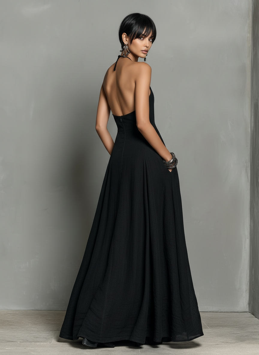 Women's Minimalist Linen Blend Halter Neck Sleeveless Maxi Dress MDZ2210A0Y