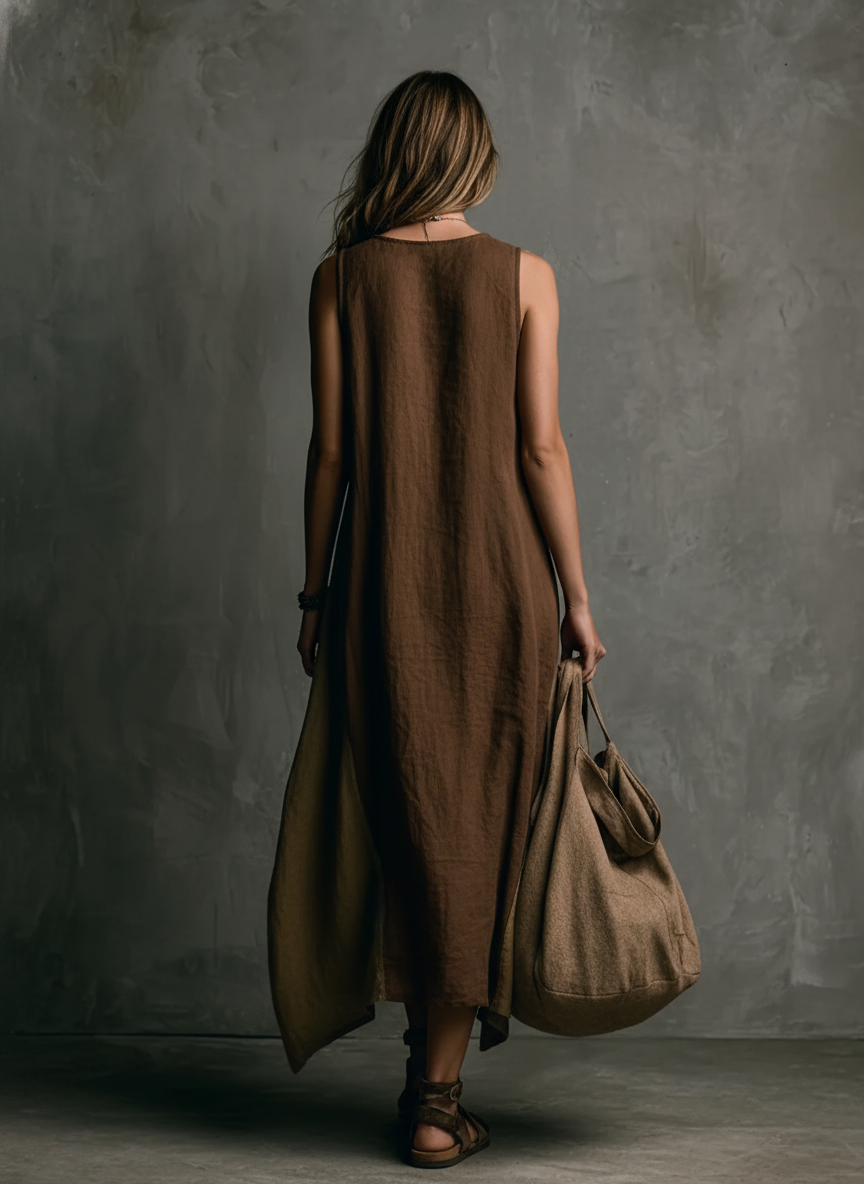 Women's Casual Brown And Khaki Cotton-Linen Patchwork V-Neck Sleeveless Asymmetrical Long Dress MDZ2290D1GMJ