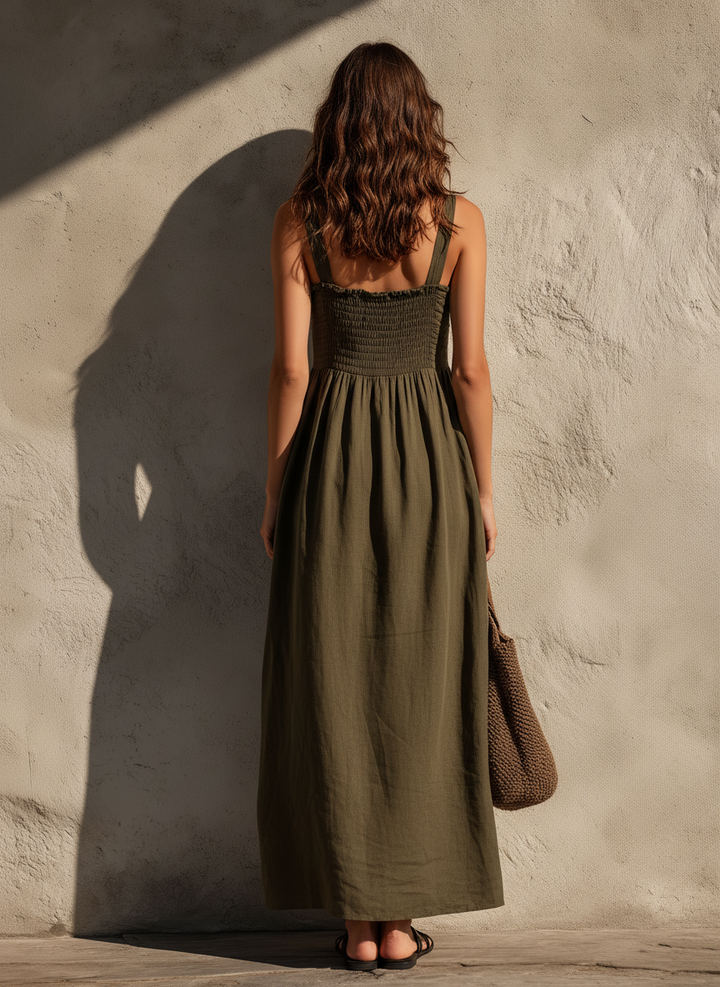 Women's Casual Olive Green Cotton-Linen Maxi Dress — Square Neck, Sleeveless MDZ2308D5LXY