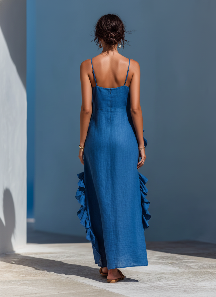 Women’s Blue Linen-Blend Spaghetti Strap Ruffle Trim Maxi Dress With Slit MDZ2407D1T