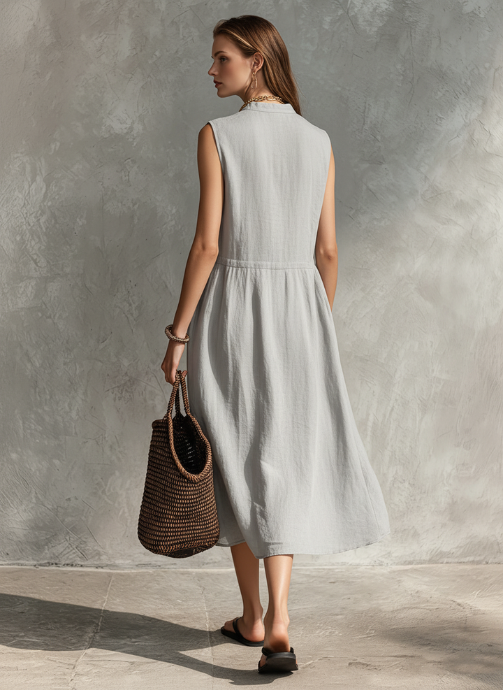 Women's Casual Grey Cotton-Linen Sleeveless Midi Dress With Round Neck MDZ2549D5LXY