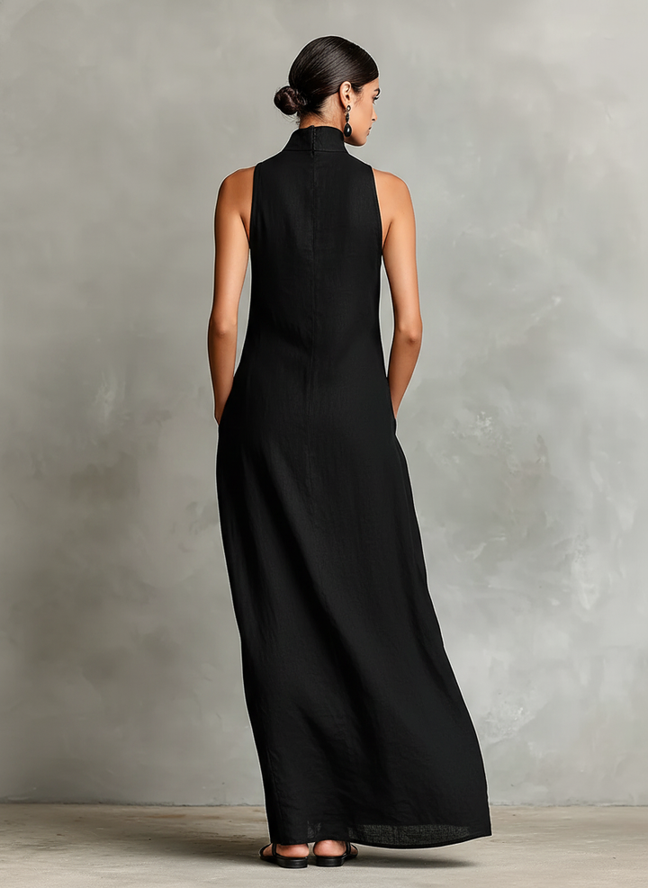 Women's Black Linen-Blend Maxi Dress With High Neck & Side Pockets, Timeless Minimalist Casual Dress MDZ2597D7LYL