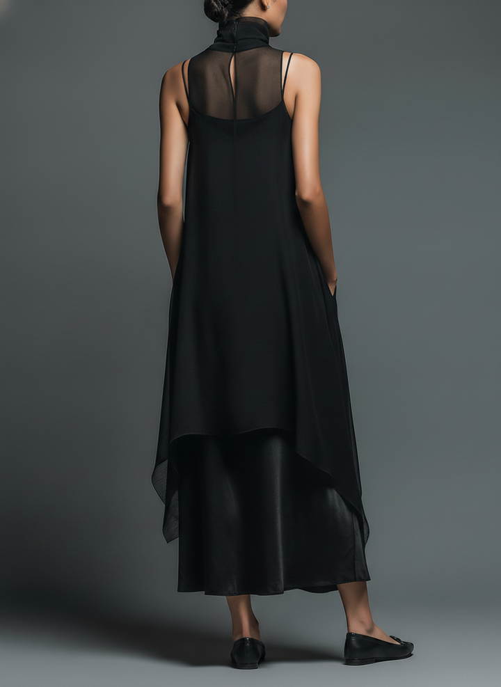 Women's Minimalist Imitation Acetate Slip Dress Paired With A Chiffon Overlay Maxi Dress MDZ2702A3Y