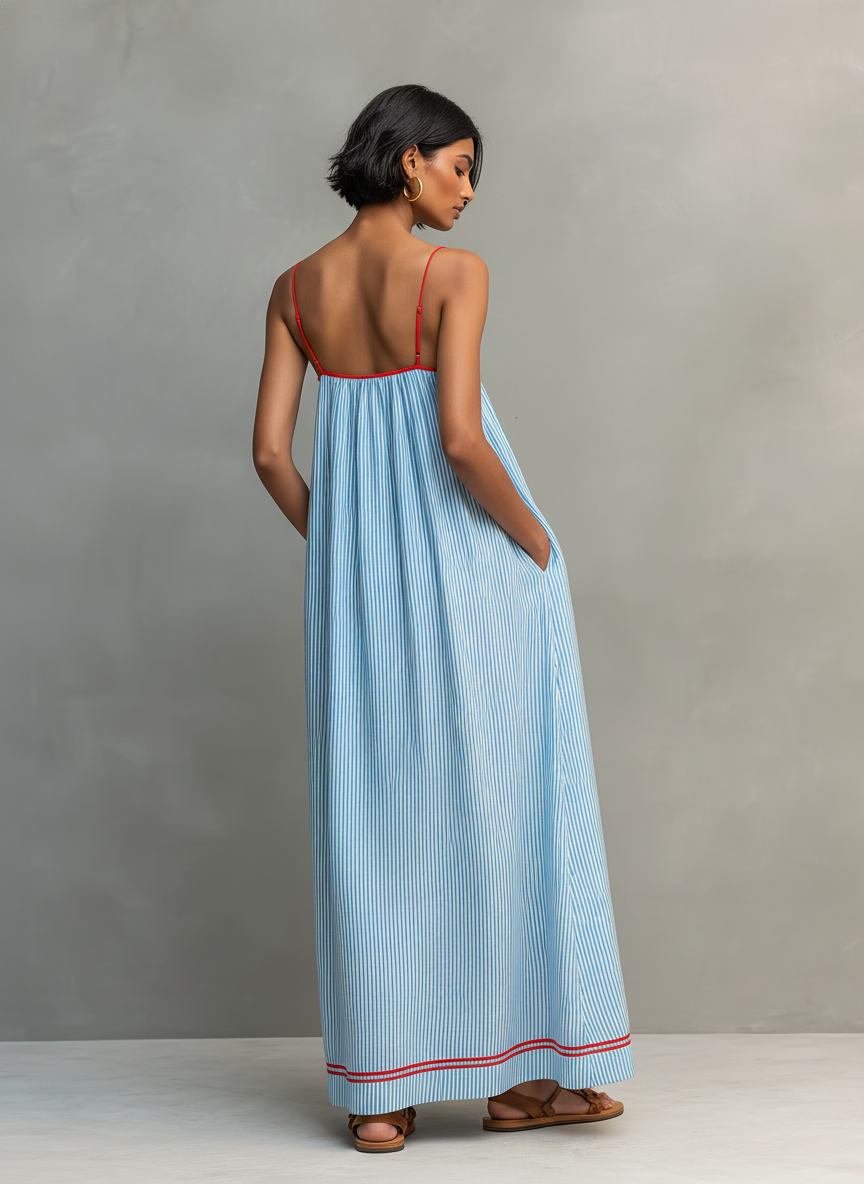 Women's Minimalist Striped Maxi Dress With Red Trim And Spaghetti Straps MDZ2710C3Y