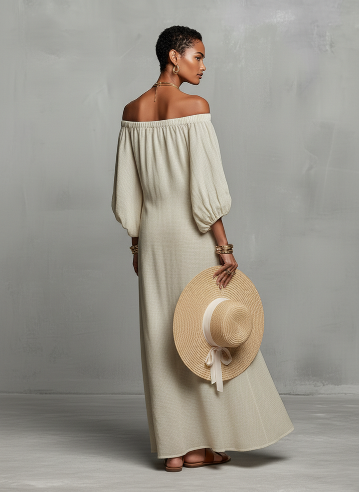 Women's Minimalist Off-the-shoulder Three-quarter Sleeve Embroidered Maxi Dress MDZ3063A3Y