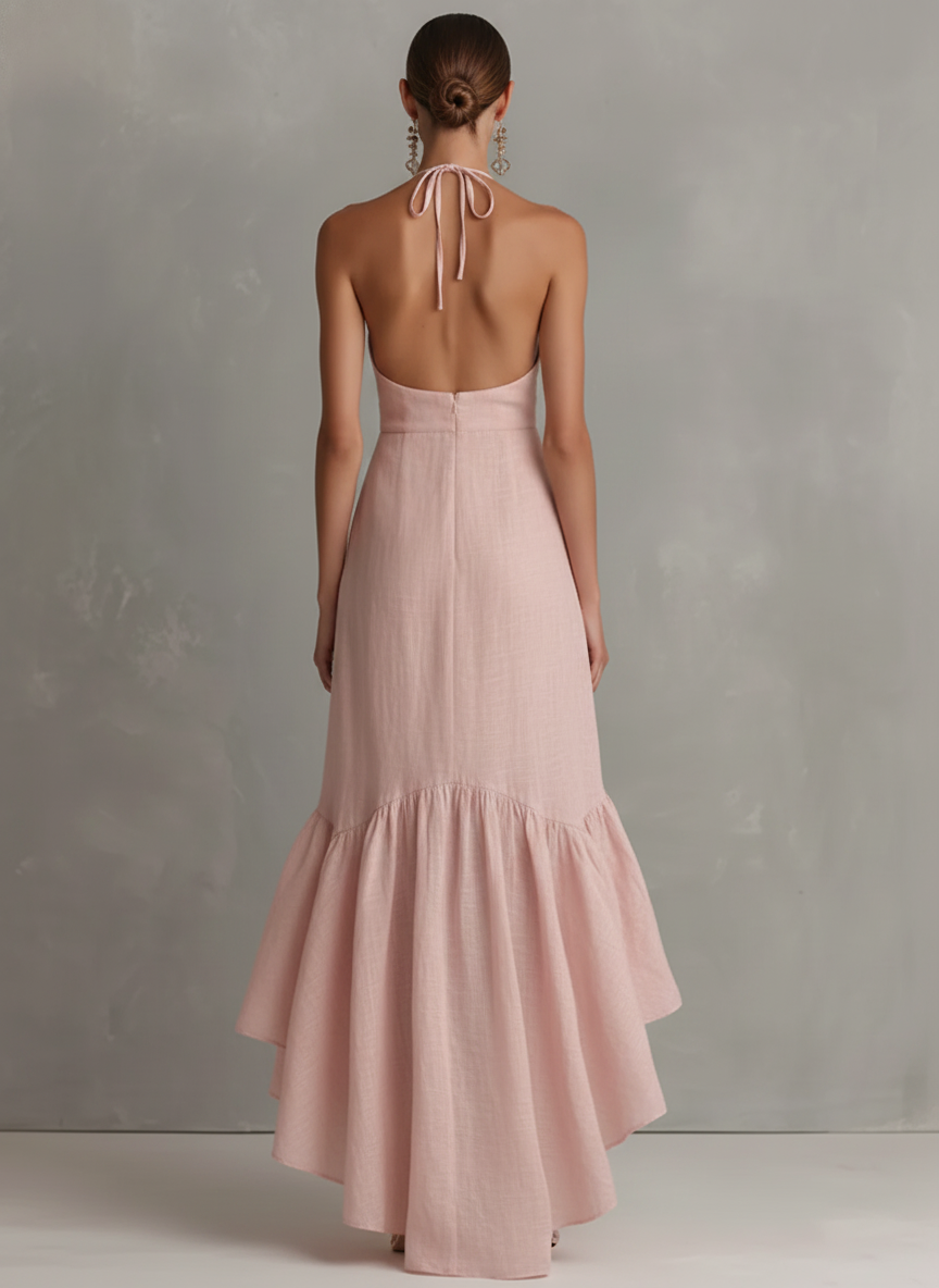 Women's Elegant Pink Cotton-Linen Halter Maxi Dress With Front Cutout And Ruffles MDZ3066C3GMJ