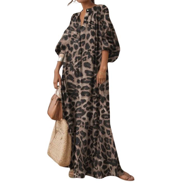 WILDA™ – Boho Puff Sleeve Leopard Maxi Dress
