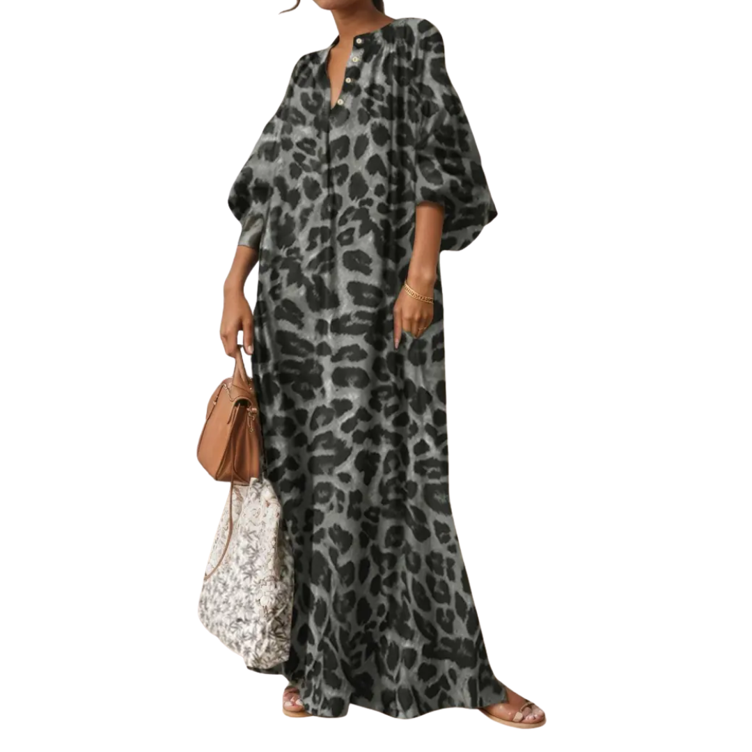 WILDA™ – Boho Puff Sleeve Leopard Maxi Dress