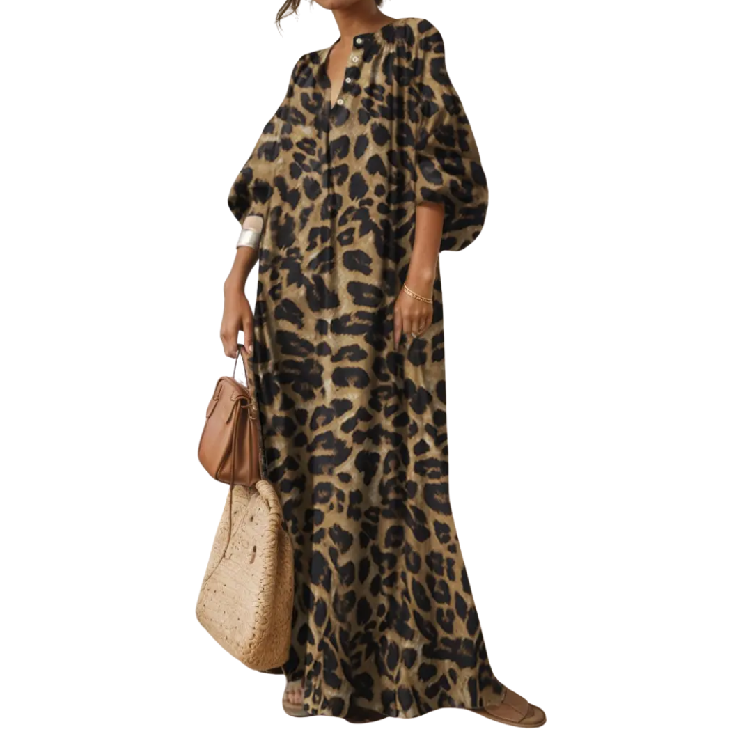 WILDA™ – Boho Puff Sleeve Leopard Maxi Dress