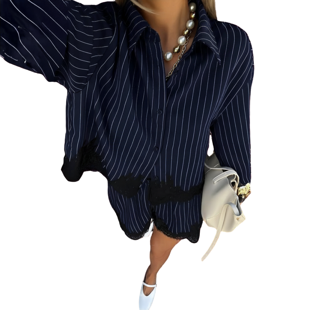 SOLÈNE™ – Lace Trim Striped Shirt & Shorts Set