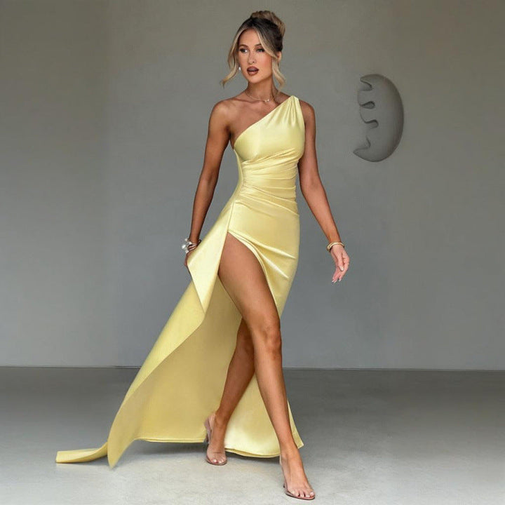Women's One Shoulder Satin High Split Wedding Dresses