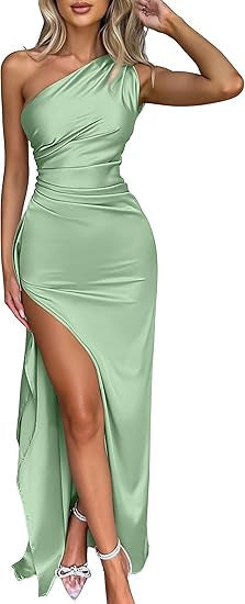 Women's One Shoulder Satin High Split Wedding Dresses
