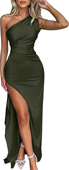 Women's One Shoulder Satin High Split Wedding Dresses