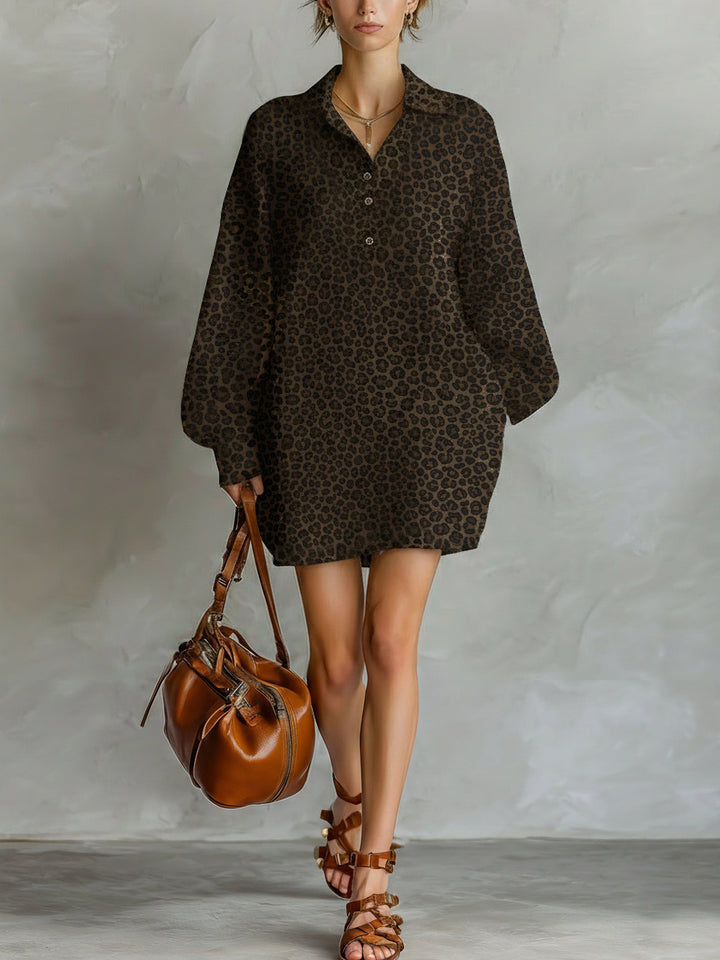 Women's Fashionable Brown Leopard Print Loose Open Neckline Long Sleeve Dress MDA1895L2AN