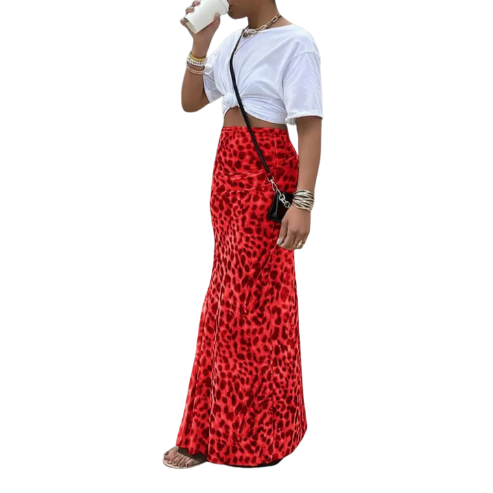 THORA™ – Wild Leopard Print Fishtail Midi Skirt