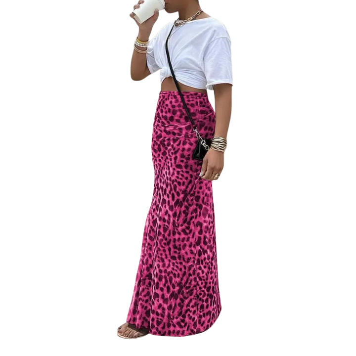 THORA™ – Wild Leopard Print Fishtail Midi Skirt