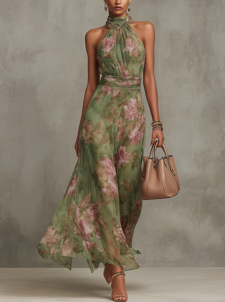 Christabel | Floral Halter Neck Chiffon Maxi Dress