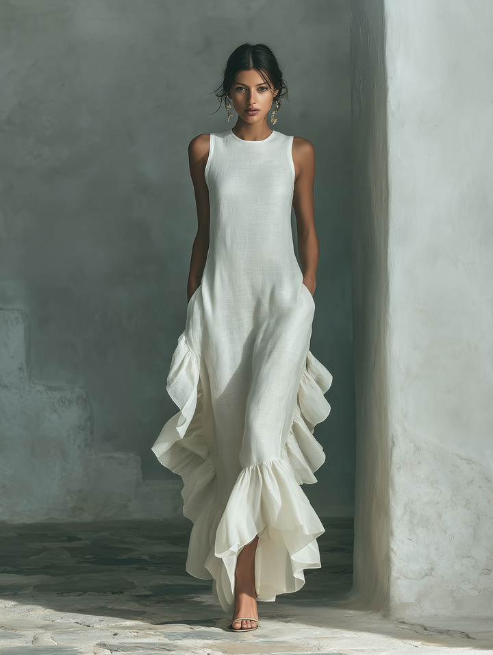 Women's Ivory Linen Fabric Sleeveless Maxi Dress With Round Neck & Ruffle Hem MDZ0973B9T