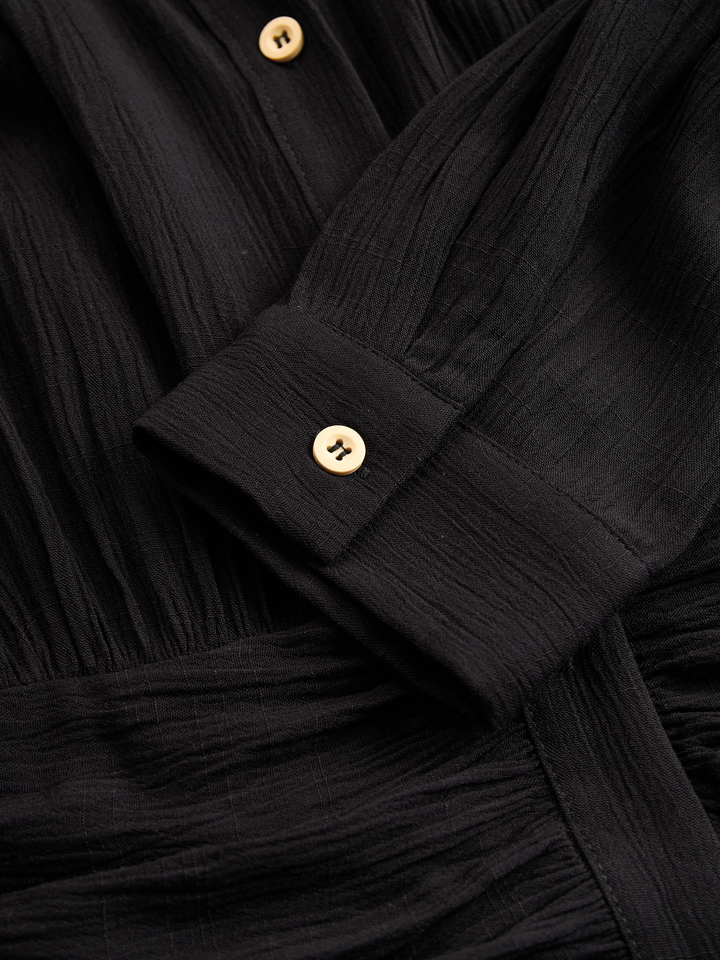 Women's Imitation Cotton And Linen Pleated Lapel Single-breasted Long-sleeved Maxi Dress MDA1768I7Y