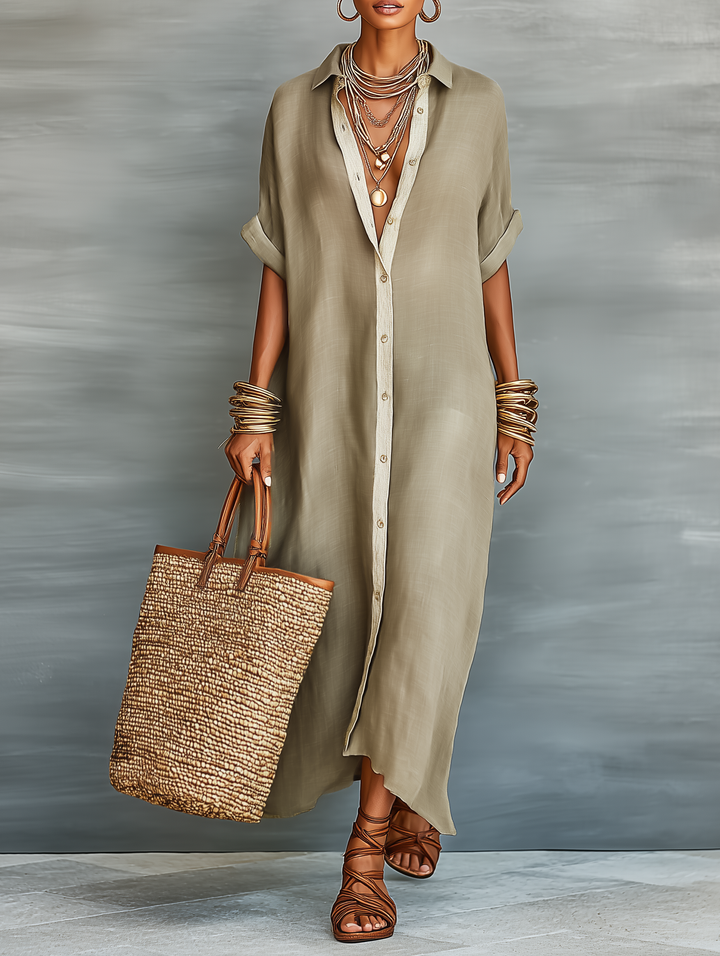 Women's Minimalist Linen Blend Short-sleeved Shirt Maxi Dress MDZ0647A2Y