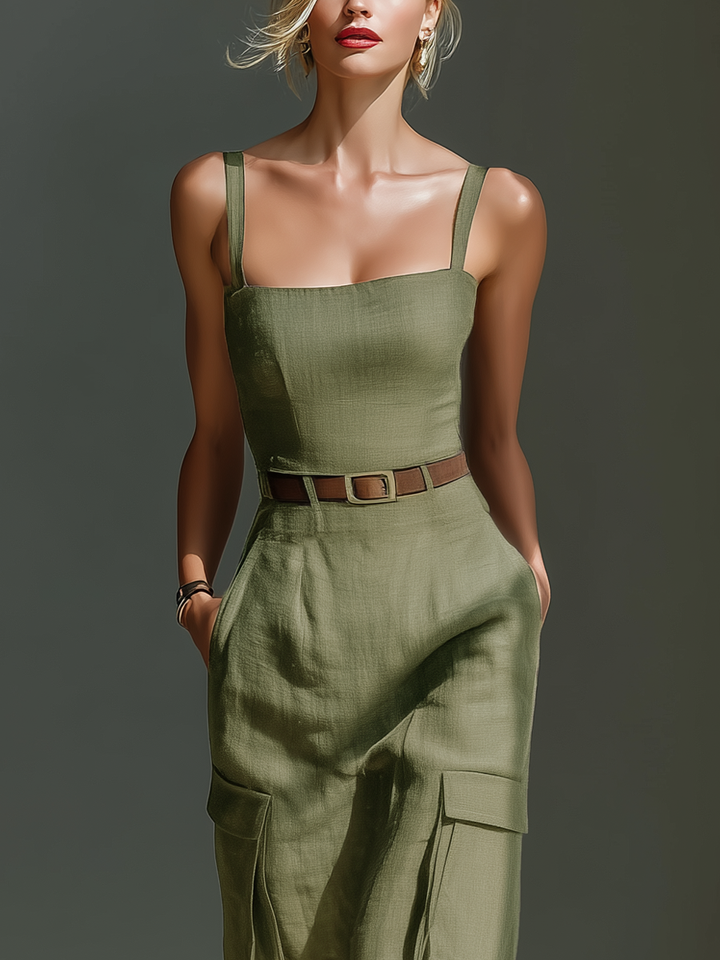 Women's Olive Green Linen Fabric Sleeveless Midi Dress With Cargo Pockets & Belted Waist MDZ2753A1T