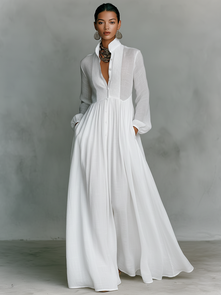 Women's Minimalist Cotton And Linen Patchwork Single-breasted Stand-up Collar Long-sleeved Maxi Dress MDA0658K6Y