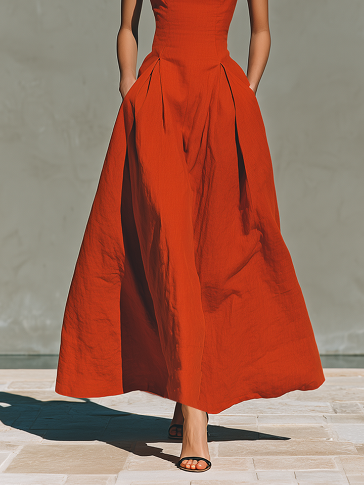 Women's Red Linen Maxi Dress With Halter Neck & Pleated Skirt, Timeless Elegant-Resort Style Dress MDZ2016C7I
