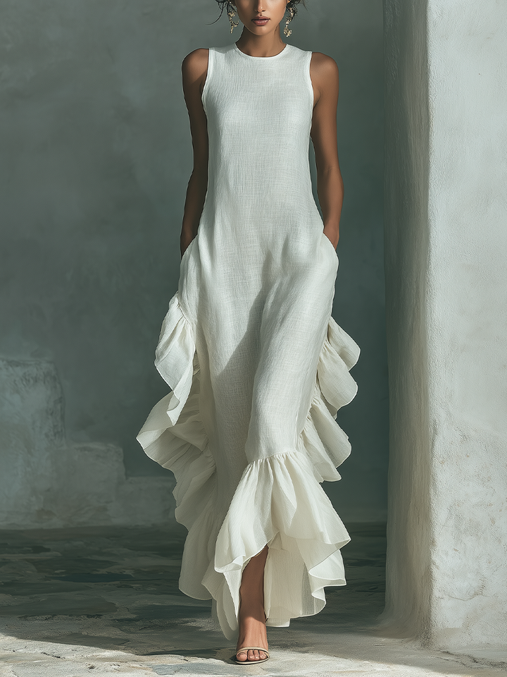 Women's Ivory Linen Fabric Sleeveless Maxi Dress With Round Neck & Ruffle Hem MDZ0973B9T