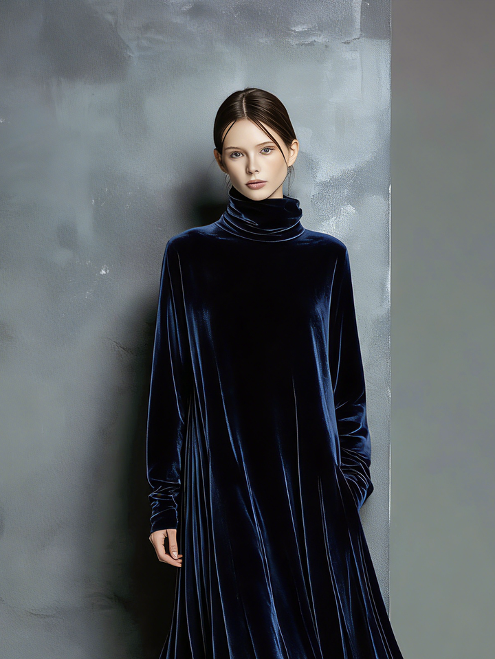 Women's Elegant Navy Blue Velvet High-neck Long-sleeved Loose-fitting Maxi Dress MDZ1680A8AN