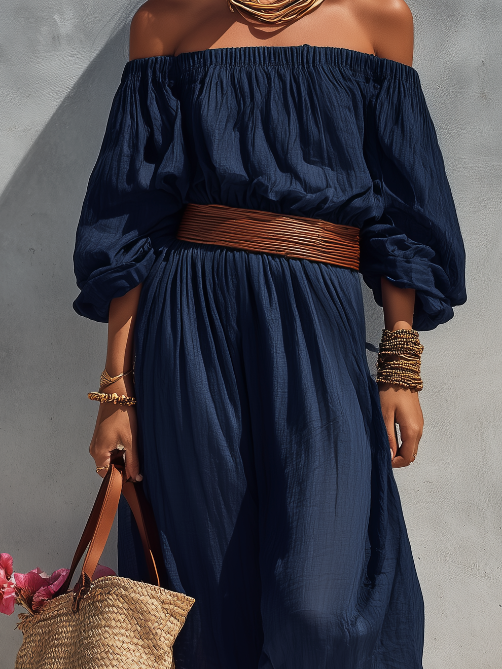 Women's Casual Dark Blue Cotton Linen Strapless Long-sleeved Dress (belt Not Included) MDZ1281C1AN