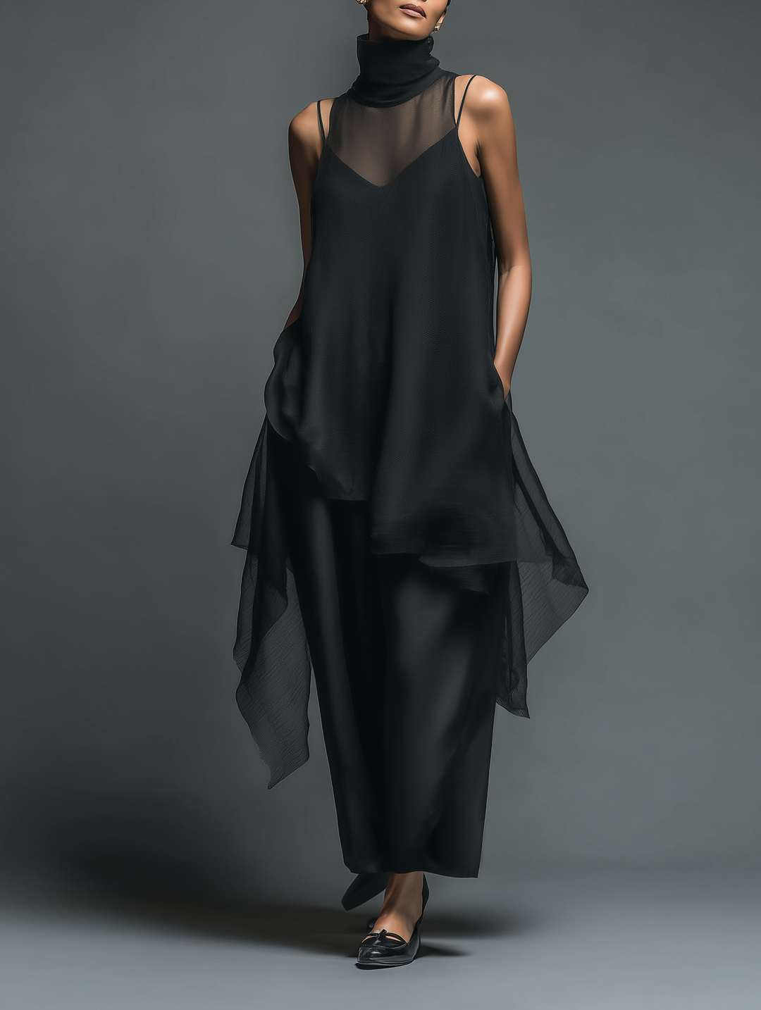 Women's Minimalist Imitation Acetate Slip Dress Paired With A Chiffon Overlay Maxi Dress MDZ2702A3Y
