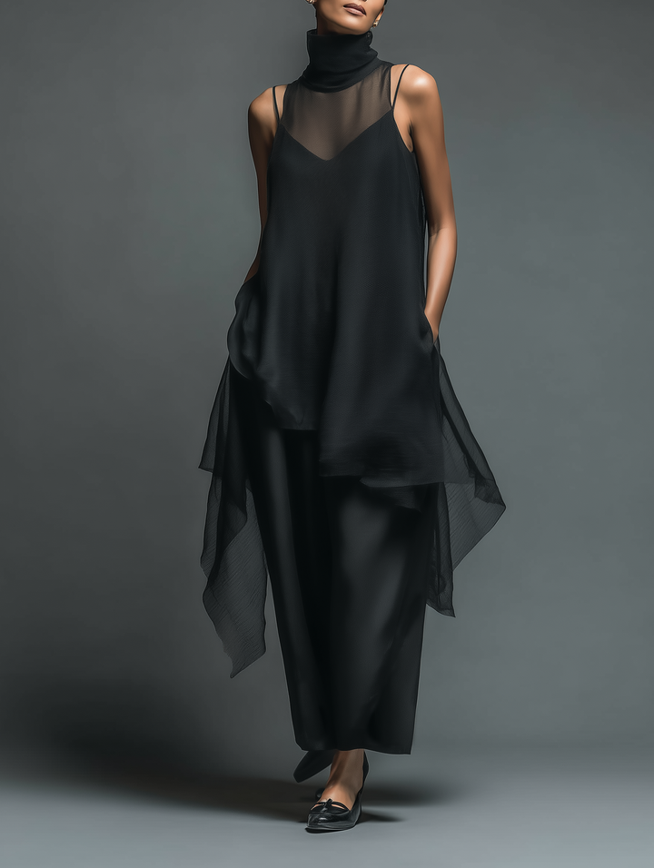 Women's Minimalist Imitation Acetate Slip Dress Paired With A Chiffon Overlay Maxi Dress MDZ2702A3Y
