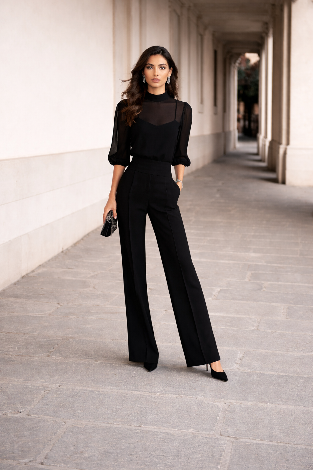 Valentina | Three-Piece Set Comprising a Sheer Camisole and Wide-Leg Pants.