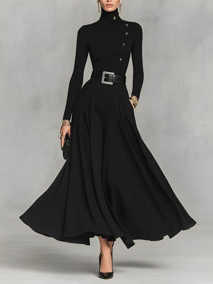 Women's Black Knit Elegant High Neck Button Detail Maxi Dress MDA1183K0I