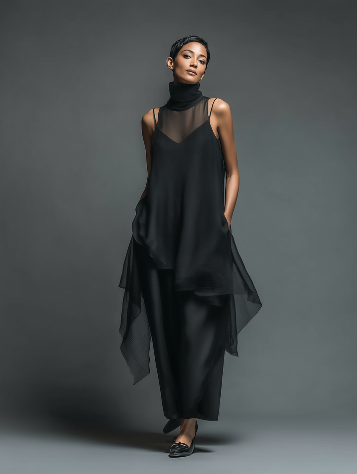 Women's Minimalist Imitation Acetate Slip Dress Paired With A Chiffon Overlay Maxi Dress MDZ2702A3Y