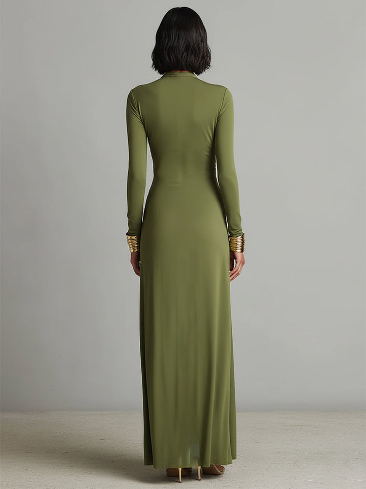 Women's Olive Silky Stretchy Dress With Deep V-Neck & Ruched Detail, Glamorous Maxi Dress MDA0509L8I