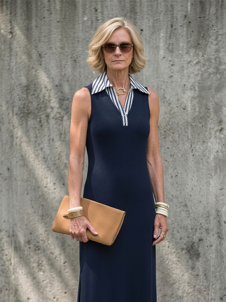 Women's Dark Blue Sleeveless Polo Dress With Contrast Collar, Modern Minimalist Everyday Midi Dress MDZ2722D4LYL
