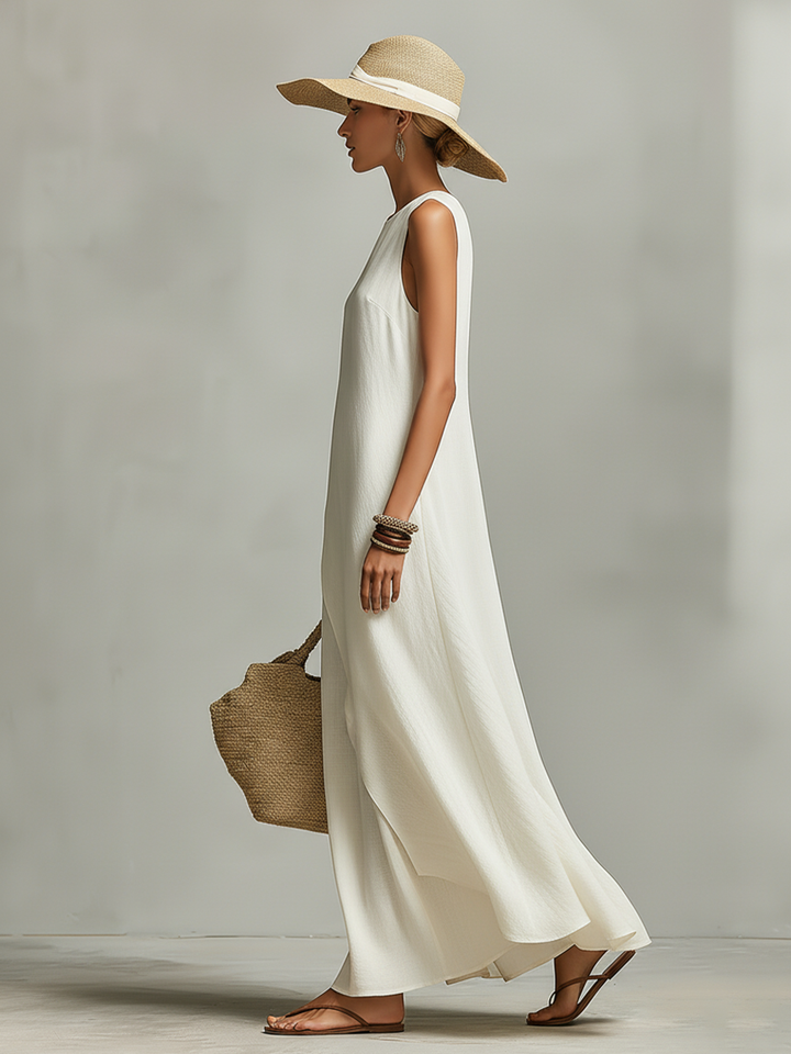 Women's Ivory Breathable Linen Dress With Sleeveless Detail & Asymmetric Hem, Contemporary Casual-Feminine Style Dress MDZ0408C2I