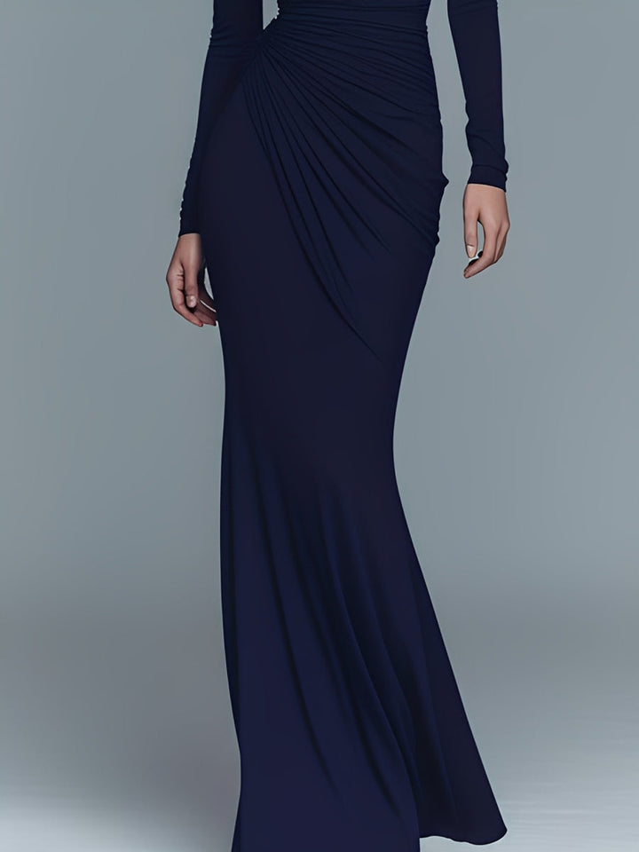 Women's Navy Elegant Stretch Polyester-Cotton Blend Turtleneck Draped Maxi Dress MDA1742J1I