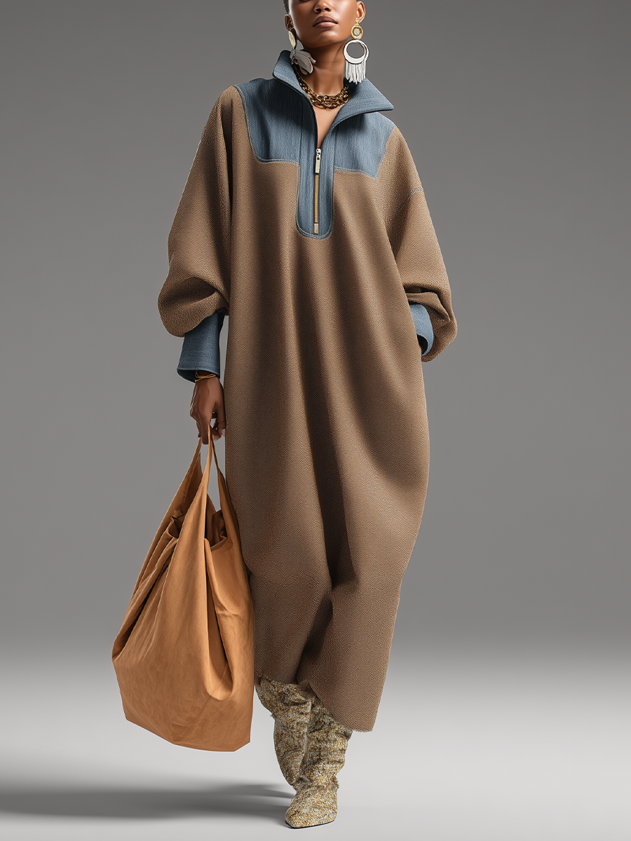 Women's Brown Double-Sided Brushing and Blue Denim Stand Collar Loose-Fitting Long Dress MDA0366K1T