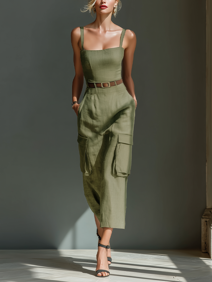 Women's Olive Green Linen Fabric Sleeveless Midi Dress With Cargo Pockets & Belted Waist MDZ2753A1T