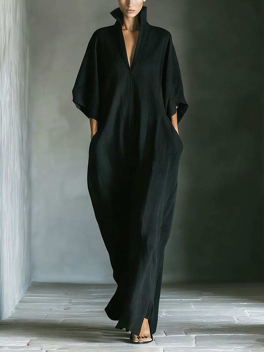 Women's Black Cotton Blend Fabric Oversized Kimono-Sleeve Maxi Dress With Pockets MDZ0577A3T