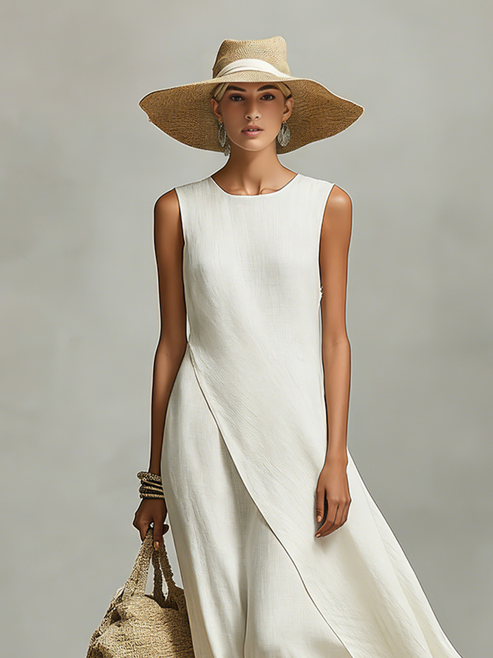Women's Ivory Breathable Linen Dress With Sleeveless Detail & Asymmetric Hem, Contemporary Casual-Feminine Style Dress MDZ0408C2I
