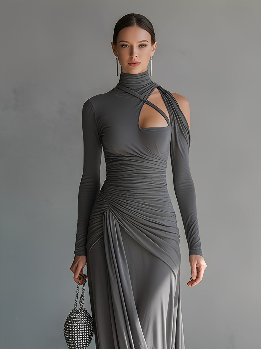 Women's Grey Silky Stretch Sophisticated Ruched Detail Cut-Out Maxi Dress MDA0546K6I
