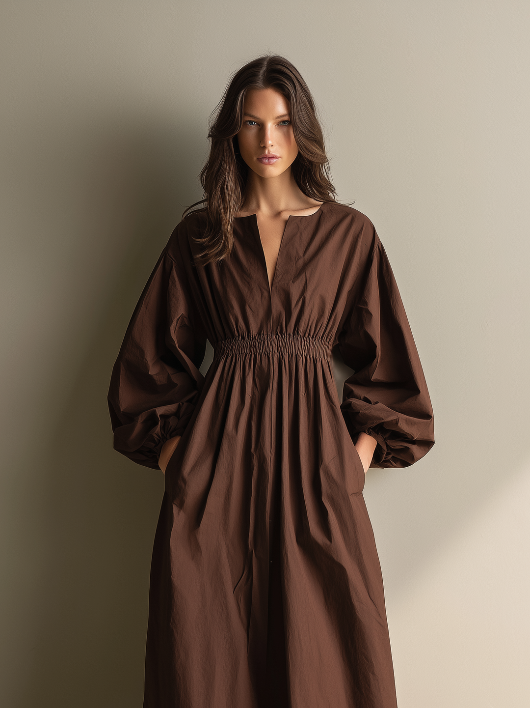 Women's Casual Brown Cotton And Linen V-neck Long-sleeved Maxi Dress With Elastic Waist MDZ1295A0AN