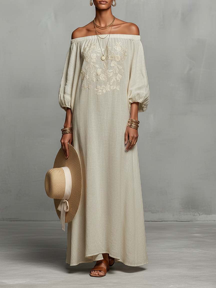 Women's Minimalist Off-the-shoulder Three-quarter Sleeve Embroidered Maxi Dress MDZ3063A3Y